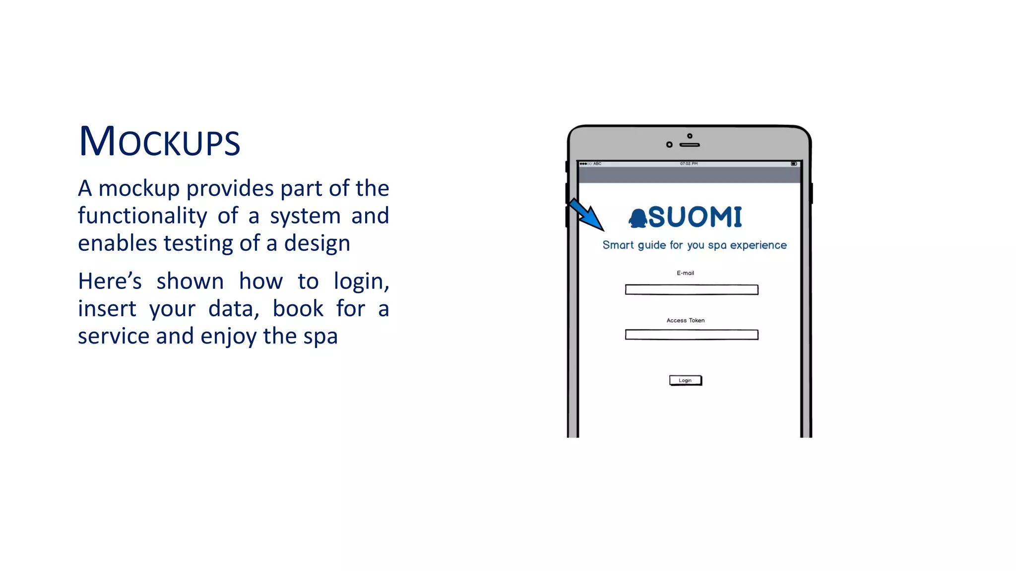 MOCKUPS
A mockup provides part of the
functionality of a system and
enables testing of a design
Here’s shown how to login,
insert your data, book for a
service and enjoy the spa
 