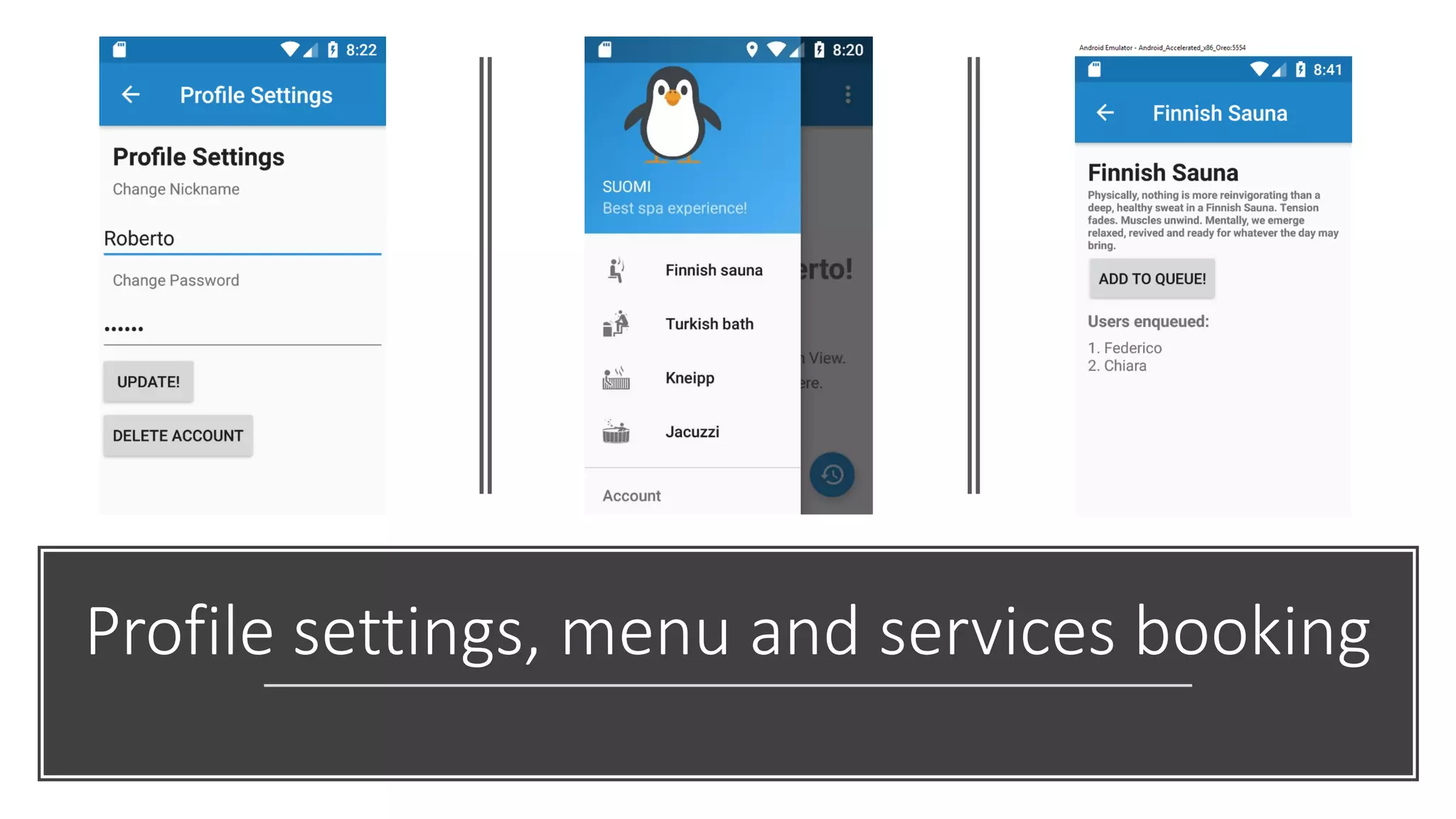 Profile settings, menu and services booking
 