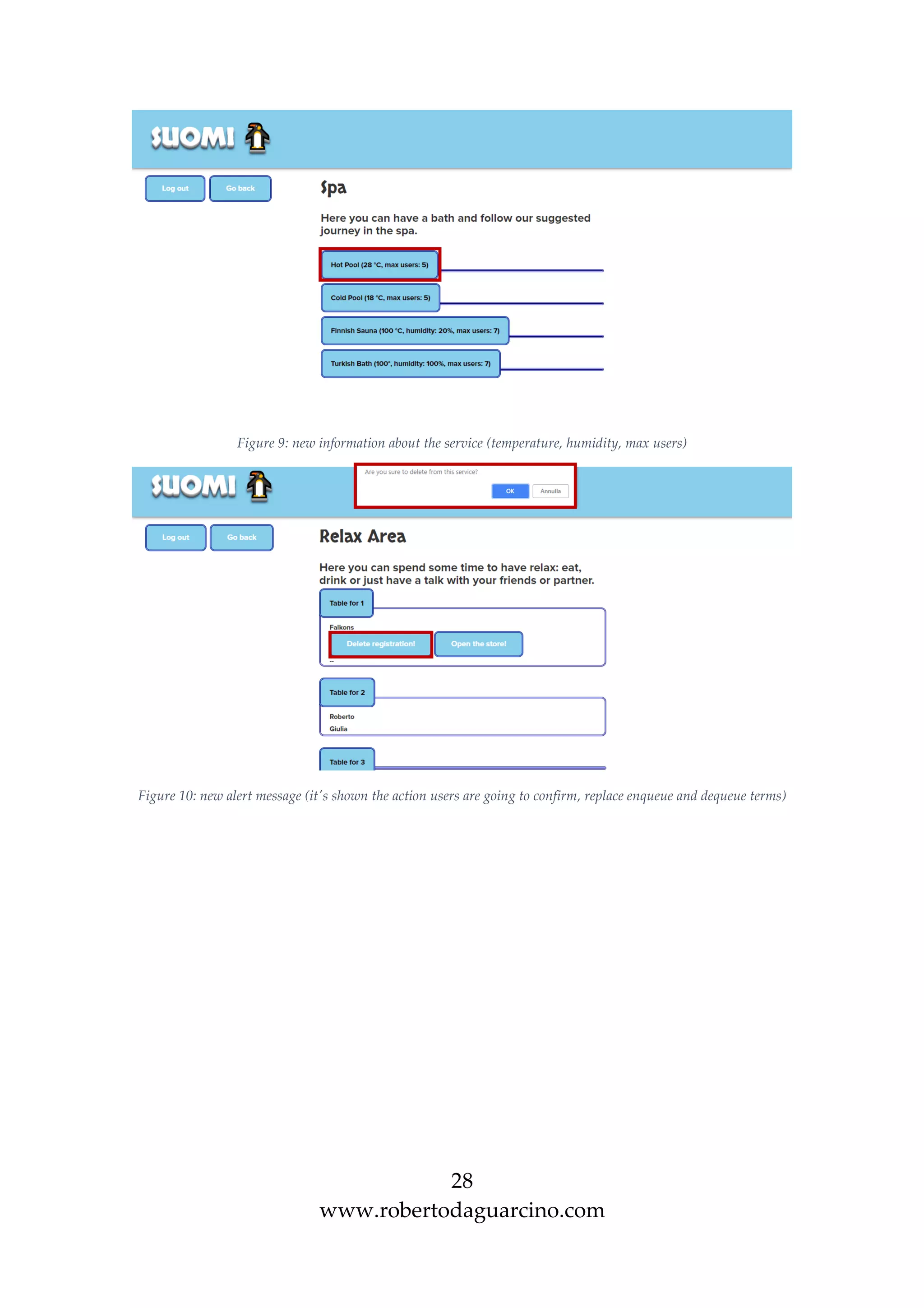 28
www.robertodaguarcino.com
Figure 9: new information about the service (temperature, humidity, max users)
Figure 10: new alert message (it's shown the action users are going to confirm, replace enqueue and dequeue terms)
 