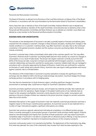 10 (34)
Personnel and Remuneration Committee.
The Board of Directors re-elected Jorma Eloranta as Chair and Risto Anttonen as Deputy Chair of the Board
of Directors, in accordance with the recommendation by the Nomination Board of Suominen’s shareholders.
Hannu Kasurinen was re-elected as Chair of the Audit Committee. Andreas Ahlström was re-elected and
Jaana Tuominen elected as members of the Audit Committee. Jorma Eloranta was re-elected as Chair of the
Personnel and Remuneration Committee and Risto Anttonen was re-elected as a member. Laura Raitio was
elected as a new member to the Personnel and Remuneration Committee.
BUSINESS RISKS AND UNCERTAINTIES
The estimate on the development of Suominen’s net sales is partially based on forecasts and delivery plans
received from the company’s customers. Changes in these forecasts and plans, resulting from changes in the
market conditions or in customers’ inventory levels, may affect Suominen’s net sales. Due to the continued
uncertainty in the general economic situation and the cautious consumer purchasing habits, the forecasts
include uncertainty.
Suominen’s customer base is fairly concentrated, which adds to the customer-specific risk. This may affect
Suominen’s financial result if customers’ purchasing habits become more cautious as a result of a changes in
consumption, or as a result of sales losses. The Group’s ten largest customers currently account for 63%
(65%) of the Group net sales. Long-term contracts are preferred with the largest customers. In practice the
customer relationships are long-term and last for several years. Customer-related credit risks are managed in
accordance with a risk policy approved by the Board of Directors. Credit limits are confirmed for customers
on the basis of credit ratings and customer history. Suominen also uses export credit guarantees and insures
against customer risks to a limited extent.  
The relevance of the United States in Suominen’s business operations increases the significance of the
exchange rate risk related to USD in the Group’s total exchange risk position. Suominen hedges this foreign
exchange position in accordance with its hedging policy.
The risks that are characteristic to South American region, including significant changes in business
environment or exchange rates, could have an impact on Suominen’s operations in Brazil.
Suominen purchases significant amounts of pulp- and oil-based raw materials annually. Raw materials are
the largest cost item for operations. Rapid changes in the global market prices of raw materials have an
impact on the company’s profitability. Suominen’s stocks equal to two to four weeks’ consumption and
passing on the price changes of these raw materials to the prices Suominen charges its contract customers
takes two to five months.  
Extended interruptions in the supply of Suominen’s main raw materials could disrupt production and have a
negative impact on the Group’s overall business operations. As Suominen sources its raw materials from a
number of major international suppliers, significant interruptions are unlikely.
Suominen has numerous regional, national and international competitors in its different product groups.
There is currently oversupply in some product groups in Suominen’s both principal market regions. Products
based on new technologies and imports from countries of lower production costs may reduce Suominen’s
competitive edge. If Suominen is not able to compete with an attractive product offering, it may lose some of
its market share. Competition may lead to increased pricing pressure on the company’s products. 
Suominen continuously invests in its manufacturing facilities. The deployment of the investments may delay
from what was planned, the costs of the investments may increase from what has been expected or the
 