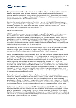 15 (34)
Sales prices are defined in the customer contracts separately for each product. The price for each customer is
based on, among other things, quantities, transaction currency and the geographical location of the
customer. Variable considerations (rebates) are allocated to the performance obligations which included in
the contract, unless otherwise agreed in the contract. In these cases the variable considerations are allocated
only to those performance obligations they relate to.
Suominen has no material incremental costs of obtaining a contract which would fulfill the capitalization
criteria. Any incremental costs are recognized as expense when incurred, as the amortization period of such
capitalized incremental costs would be one year or less. Suominen has no such costs to fulfill a contract
which would fulfill the capitalization criteria of IFRS 15.95-97.
IFRS 9 Financial Instruments
IFRS 9 Financial Instruments and its amendments are to be applied for the reporting period beginning on 1
January 2018 or later. The new standard replaces the current standard IAS 39 Financial Instruments:
Recognition and Measurement. IFRS 9 changes the classification and measurement of financial assets and
includes a new model for assessing the impairment of the financial assets based on expected credit losses.
The classification and measurement of financial liabilities do not materially change from IAS 39. Hedge
accounting can be applied to a larger number of risk exposures than before and hedge accounting principles
have been harmonized with those used in risk management.
IFRS 9 will change the classification and measurement of some financial assets of Suominen. Suominen has
defined its business model for managing the financial assets and based on the model as well as the
characteristics of the financial assets, determined the classification of the financial assets.
Certain loan receivables, which in accordance with IAS 39 have been classified as loans and other receivables
and measured at amortized cost, will be under IFRS 9 financial assets at fair value through profit or loss, as
they, among other things, include terms which are not basic terms for loan receivables. For these loan
receivables the credit risk is taken into account when determining the fair value of the receivables. Some of
the loan receivables will continue to be measured at amortized cost also under IFRS 9, as the their
contractual cash flows consist solely of payments of principal and interest, and Suominen’s aim is to hold the
receivables until maturity in order to collect the contractual cash flows. For these loan receivables the credit
risk and impairment losses are estimated based on 12-month expected credit losses, or if there has been an
increase in the credit risk related to the receivable, based on lifetime expected credit losses. Based on the
situation at the end of the reporting period, Suominen does not expect material negative fair value changes
or credit losses arise from the loan receivables.
For investments in equity instruments IFRS 9 enables the entity to make an irrevocable election of
classification and measurement by equity instrument. Suominen classifies some of the investments in equity
instruments at fair value through profit or loss. With the classification both the fair value changes and
possible gains and losses on disposal are recognized in profit or loss. Some equity instruments are classified
at fair value through other comprehensive income, and both fair value changes and possible gains and losses
on disposal are recognized in other comprehensive income without subsequent recycling to profit or loss.
Cash and cash equivalents are measured under IFRS 9 at amortized cost. Under IFRS 9 also cash and cash
equivalents are subject to credit loss assessment, and credit losses are recognized based on either 12-month
expected credit losses, or if there has been a significant increase in the credit risk related to the receivable,
based on lifetime expected credit losses. Based on the situation at the end of the reporting period and taking
into account the counterparty credit risk related to deposits in banks, Suominen does not expect to recognize
material credit losses from cash and cash equivalents.
 