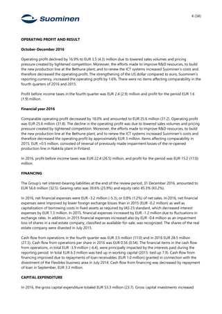 4 (34)
OPERATING PROFIT AND RESULT
October-December 2016
Operating profit declined by 16.9% to EUR 3.5 (4.3) million due to lowered sales volumes and pricing
pressure created by tightened competition. Moreover, the efforts made to improve R&D resources, to build
the new production line at the Bethune plant, and to renew the ICT systems increased Suominen’s costs and
therefore decreased the operating profit. The strengthening of the US dollar compared to euro, Suominen’s
reporting currency, increased the operating profit by 1.6%. There were no items affecting comparability in the
fourth quarters of 2016 and 2015.
Profit before income taxes in the fourth quarter was EUR 2.4 (2.9) million and profit for the period EUR 1.6
(1.9) million.
Financial year 2016
Comparable operating profit decreased by 18.0% and amounted to EUR 25.6 million (31.2). Operating profit
was EUR 25.6 million (31.8). The decline in the operating profit was due to lowered sales volumes and pricing
pressure created by tightened competition. Moreover, the efforts made to improve R&D resources, to build
the new production line at the Bethune plant, and to renew the ICT systems increased Suominen’s costs and
therefore decreased the operating profit by approximately EUR 3 million. Items affecting comparability in
2015, EUR +0.5 million, consisted of reversal of previously made impairment losses of the re-opened
production line in Nakkila plant in Finland.
In 2016, profit before income taxes was EUR 22.4 (26.5) million, and profit for the period was EUR 15.2 (17.0)
million.
FINANCING
The Group’s net interest-bearing liabilities at the end of the review period, 31 December 2016, amounted to
EUR 56.6 million (32.5). Gearing ratio was 39.6% (25.9%) and equity ratio 45.3% (43.2%).
In 2016, net financial expenses were EUR -3.2 million (-5.3), or 0.8% (1.2%) of net sales. In 2016, net financial
expenses were improved by lower foreign exchange losses than in 2015 (EUR -0.2 million) as well as
capitalization of borrowing costs in fixed assets as required by IAS 23 standard, which decreased interest
expenses by EUR 1.3 million. In 2015, financial expenses increased by EUR -1.2 million due to fluctuations in
exchange rates. In addition, in 2015 financial expenses increased also by EUR -0.4 million as an impairment
loss of shares in a real estate company, classified as available-for-sale, was recognized. The shares of the real
estate company were divested in July 2015.
Cash flow from operations in the fourth quarter was EUR 3.5 million (11.0) and in 2016 EUR 28.5 million
(27.3). Cash flow from operations per share in 2016 was EUR 0.56 (0.54). The financial items in the cash flow
from operations, in total EUR -3.9 million (-6.4), were principally impacted by the interests paid during the
reporting period. In total EUR 6.3 million was tied up in working capital (2015: tied up 7.9). Cash flow from
financing improved due to repayments of loan receivables (EUR 1.0 million) granted in connection with the
divestment of the Flexibles business area in July 2014. Cash flow from financing was decreased by repayment
of loan in September, EUR 3.3 million.
CAPITAL EXPENDITURE
In 2016, the gross capital expenditure totaled EUR 53.3 million (23.7). Gross capital investments increased
 