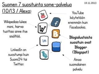 Suomen 7 suosituinta some-palvelua
(10/13 / Alexa)
YouTube
Wikipediaa lukee
moni, harva
tuottaa sinne itse
sisältöä.
LinkedIn on
suositumpi kuin
Suomi24 tai
Twitter.

19.11.2013

käytetään
enemmän kuin
Facebookia.
Blogialustoista
suosituin ovat
Blogger
(Blogspot)
Ainoa
suomalainen
palvelu

 