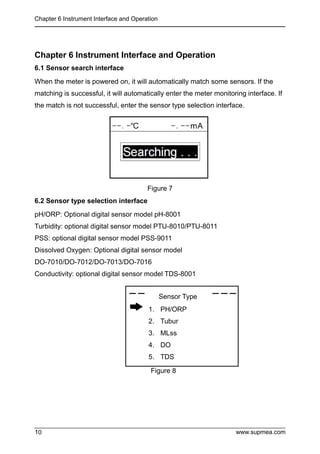 Chapter 6 Instrument Interface and Operation
www.supmea.com
10
Chapter 6 Instrument Interface and Operation
6.1 Sensor search interface
When the meter is powered on, it will automatically match some sensors. If the
matching is successful, it will automatically enter the meter monitoring interface. If
the match is not successful, enter the sensor type selection interface.
Figure 7
6.2 Sensor type selection interface
pH/ORP: Optional digital sensor model pH-8001
Turbidity: optional digital sensor model PTU-8010/PTU-8011
PSS: optional digital sensor model PSS-9011
Dissolved Oxygen: Optional digital sensor model
DO-7010/DO-7012/DO-7013/DO-7016
Conductivity: optional digital sensor model TDS-8001
Figure 8
1. PH/ORP
2. Tubur
3. MLss
4. DO
5. TDS
Sensor Type
Sensor Type
 