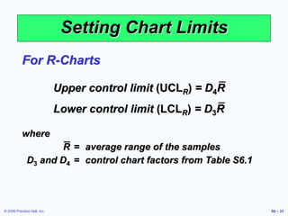 © 2006 Prentice Hall, Inc. S6 – 33
Setting Chart Limits
For R-Charts
Lower control limit (LCLR) = D3R
Upper control limit (UCLR) = D4R
where
R = average range of the samples
D3 and D4 = control chart factors from Table S6.1
 