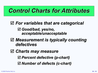 © 2006 Prentice Hall, Inc. S6 – 38
Control Charts for Attributes
 For variables that are categorical
 Good/bad, yes/no,
acceptable/unacceptable
 Measurement is typically counting
defectives
 Charts may measure
 Percent defective (p-chart)
 Number of defects (c-chart)
 