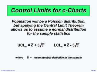 © 2006 Prentice Hall, Inc. S6 – 43
Control Limits for c-Charts
Population will be a Poisson distribution,
but applying the Central Limit Theorem
allows us to assume a normal distribution
for the sample statistics
where c = mean number defective in the sample
UCLc = c + 3 c LCLc = c - 3 c
 