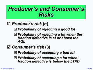 © 2006 Prentice Hall, Inc. S6 – 68
Producer’s and Consumer’s
Risks
 Producer's risk ()
 Probability of rejecting a good lot
 Probability of rejecting a lot when the
fraction defective is at or above the
AQL
 Consumer's risk (b)
 Probability of accepting a bad lot
 Probability of accepting a lot when
fraction defective is below the LTPD
 