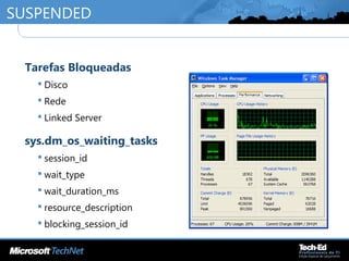 SUSPENDED
•
Tarefas Bloqueadas
 Disco
 Rede
 Linked Server
•
sys.dm_os_waiting_tasks
 session_id
 wait_type
 wait_duration_ms
 resource_description
 blocking_session_id
 