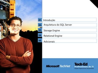 01.
02.
03.
04.
05.
•
Introdução
•
Arquitetura do SQL Server
•
Storage Engine
•
Relational Engine
•
Adicionais
 