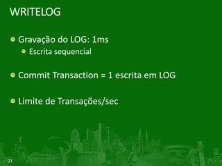 23
WRITELOG
Gravação do LOG: 1ms
Escrita sequencial
Commit Transaction = 1 escrita em LOG
Limite de Transações/sec
 