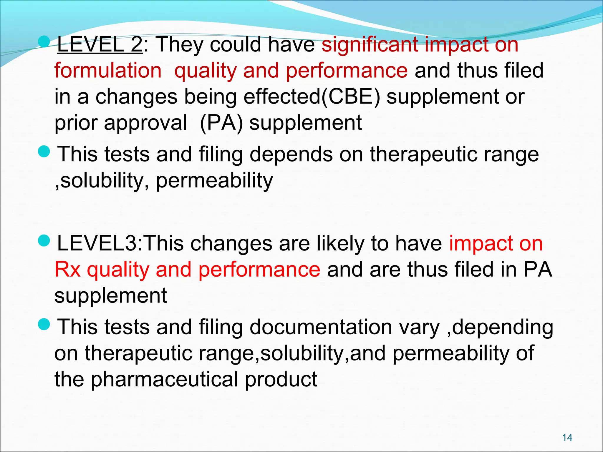 LEVEL 2: They could have significant impact on 
formulation quality and performance and thus filed 
in a changes being effected(CBE) supplement or 
prior approval (PA) supplement 
This tests and filing depends on therapeutic range 
,solubility, permeability 
LEVEL3:This changes are likely to have impact on 
Rx quality and performance and are thus filed in PA 
supplement 
This tests and filing documentation vary ,depending 
on therapeutic range,solubility,and permeability of 
the pharmaceutical product 
14 
 