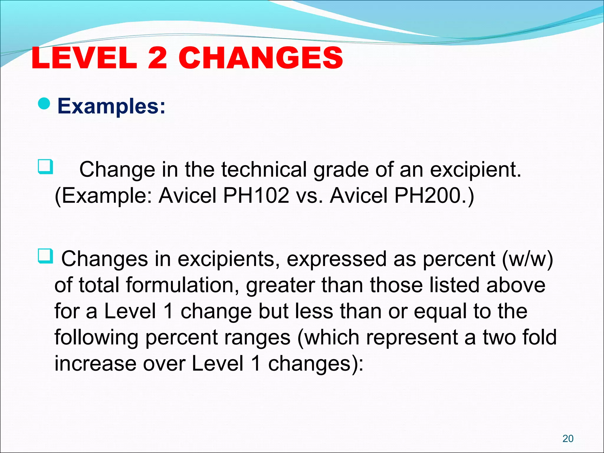 LEVEL 2 CHANGES 
Examples: 
 Change in the technical grade of an excipient. 
(Example: Avicel PH102 vs. Avicel PH200.) 
 Changes in excipients, expressed as percent (w/w) 
of total formulation, greater than those listed above 
for a Level 1 change but less than or equal to the 
following percent ranges (which represent a two fold 
increase over Level 1 changes): 
20 
 