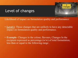Level of changes
Likelihood of impact on formulation quality and performance:
• Level 1: Those changes that are unlikely t...