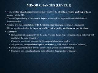 MINOR CHANGES (LEVEL 1)
• These are low-risk changes that are unlikely to affect the identity, strength, quality, purity, or
potency of the API.
• They are reported only in the Annual Report, meaning FDA approval is not needed before
implementation.
• Usually involves substitutions with the same design/principle (no impact on process).
• Do not significantly alter the impurity profile, critical quality attributes, or specifications.
• Examples:
• Replacement of equipment with the same type and design (e.g., replacing a fluid bed dryer with
another of the same principle).
• Change in supplier of raw material (if compendial and same grade).
• Adoption of a compendial analytical method (e.g., USP method instead of in-house).
• Minor adjustments in in-process control limits (within validated ranges).
• Change in non-critical packaging material (not in direct contact with drug).
 