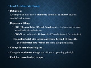 • Level 2 – Moderate Change
• Definition:
A change that may have a moderate potential to impact product
quality/performance.
• Regulatory Filing:
• CBE (Changes Being Effected) Supplement → A change can be made
immediately after submission.
• CBE-30 → can be made 30 days after FDA submission (if no objection).
Examples: batch size increase/decrease beyond 10 times the
pilot/biobatch size (within the same equipment class).
• Change in manufacturing site .
• Change in equipment design but still same operating principle.
• Excipient quantitative changes .
 
