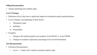 Filling Documentation
• Annual report(long term stability data).
Level 2 Changes
• Definition of level, they have a significant impact on formulation quality and performance.
• Level 2 changes vary depending on three factors :
i. Therapeutic range
ii. Solubility
iii. Permeability
• Examples:
i. Change in the technical grade of an excipient: Avicel PH102 vs. Avicel PH200
ii. Changes in excipient, expressed as percentage (w/w) of total formulation
Test Documentation
• Chemistry Documentation
i. Level 1 + 1 batch with 3 month accelerated stability study
 
