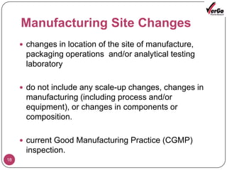 Components & Composition10This section focuses on changes in excipients in the drug productSUPAC-MR: Excipient critical or non critical to the drug release.  - Changes in non release controlling excipients  - Changes in release controlling excipientsSUPAC-SS: Changes in preservative