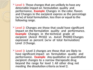  Level 1: Those changes that are unlikely to have any
detectable impact on formulation quality and
performance. Example Changes in the color, flavors
and Changes in the excipient express as the percentage
(w/w) of total formulation, less than or equal to the
following range.
 Level 2: Changes are those that could have significant
impact on the formulation quality and performance.
Example Changes in the technical grade of
excipient (Avicel PH102 vs. Avicel PH200) Changes
expressed as percent (w/w of total formulation)
Level 2 Change.
 Level 3: Level 3 changes are those that are likely to
have significant impact on formulation quality and
performance. Example Any qualitative or quantitative
excipient changes to a narrow therapeutic drug
beyond the range for level 1 All other drug not
meeting the dissolution criteria as level 2.
 