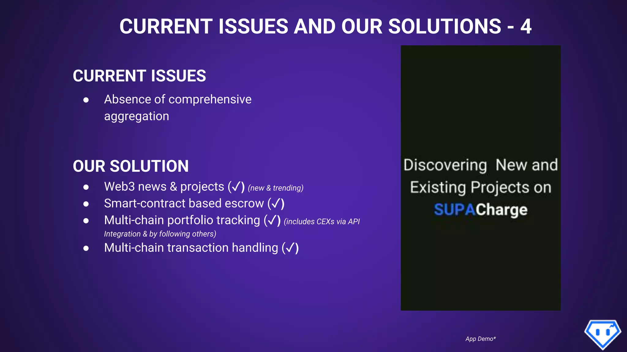 CURRENT ISSUES AND OUR SOLUTIONS - 4
CURRENT ISSUES
OUR SOLUTION
● Absence of comprehensive
aggregation
● Web3 news & projects (✓) (new & trending)
● Smart-contract based escrow (✓)
● Multi-chain portfolio tracking (✓) (includes CEXs via API
Integration & by following others)
● Multi-chain transaction handling (✓)
App Demo*
 