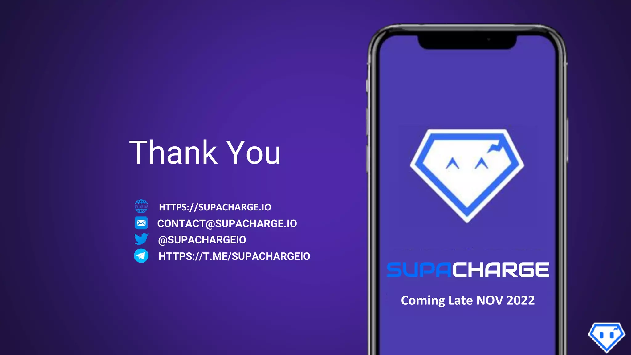 Thank You
Coming Late NOV 2022
SUPACHARGE
CONTACT@SUPACHARGE.IO
HTTPS://SUPACHARGE.IO
@SUPACHARGEIO
HTTPS://T.ME/SUPACHARGEIO
 