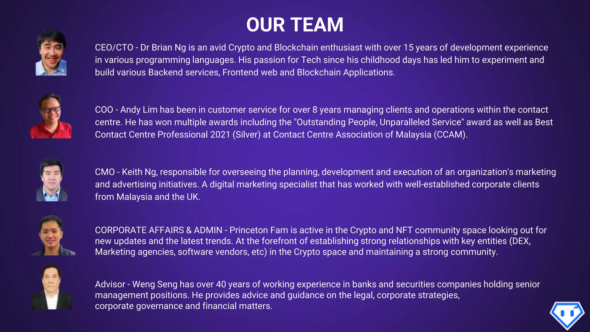 OUR TEAM
CEO/CTO - Dr Brian Ng is an avid Crypto and Blockchain enthusiast with over 15 years of development experience
in various programming languages. His passion for Tech since his childhood days has led him to experiment and
build various Backend services, Frontend web and Blockchain Applications.
COO - Andy Lim has been in customer service for over 8 years managing clients and operations within the contact
centre. He has won multiple awards including the "Outstanding People, Unparalleled Service" award as well as Best
Contact Centre Professional 2021 (Silver) at Contact Centre Association of Malaysia (CCAM).
CMO - Keith Ng, responsible for overseeing the planning, development and execution of an organization's marketing
and advertising initiatives. A digital marketing specialist that has worked with well-established corporate clients
from Malaysia and the UK.
CORPORATE AFFAIRS & ADMIN - Princeton Fam is active in the Crypto and NFT community space looking out for
new updates and the latest trends. At the forefront of establishing strong relationships with key entities (DEX,
Marketing agencies, software vendors, etc) in the Crypto space and maintaining a strong community.
Advisor - Weng Seng has over 40 years of working experience in banks and securities companies holding senior
management positions. He provides advice and guidance on the legal, corporate strategies,
corporate governance and financial matters.
 