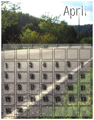 April
S

M

T

W

T

F

S

1

2

3

4

5

6

7

8

9

10

11

12

13

14

15

16

17

18

19

20

21

22

23

24

25

26

27

28

29

30

 