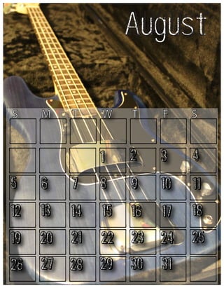 August
S

M

W

T

F

S

1

T

2

3

4

5

6

7

8

9

10

11

12

13

14

15

16

17

18

19

20

21

22

23

24

25

26

27

28

29

30

31

 