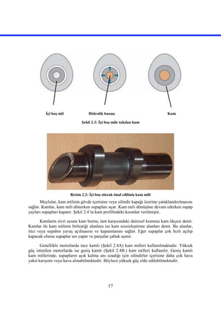 17
Şekil 2.3: İçi boş mile takılan kam
Resim 2.2: İçi boş olarak imal edilmiş kam mili
Muylular, kam milinin gövde içerisine veya silindir kapağı üzerine yataklandırılmasını
sağlar. Kamlar, kam mili dönerken supapları açar. Kam mili dönüşüne devam ederken supap
yayları supapları kapatır. Şekil 2.4’ta kam profilindeki kısımlar verilmiştir.
Kamların sivri ucuna kam burnu, tam karşısındaki dairesel kısmına kam ökçesi denir.
Kamlar ile kam milinin birleştiği alanlara ise kam sessizleştirme alanları denir. Bu alanlar,
itici veya supabın yavaş açılmasını ve kapanmasını sağlar. Eğer supaplar çok hızlı açılıp
kapacak olursa supaplar ses yapar ve parçalar çabuk aşınır.
Genellikle motorlarda ince kamlı (Şekil 2.4A) kam milleri kullanılmaktadır. Yüksek
güç istenilen motorlarda ise geniş kamlı (Şekil 2.4B.) kam milleri kullanılır. Geniş kamlı
kam millerinde, supapların açık kalma anı uzadığı için silindirler içerisine daha çok hava
yakıt karışımı veya hava alınabilmektedir. Böylece yüksek güç elde edilebilmektedir.
İçi boş mil KamHidrolik basınç
 