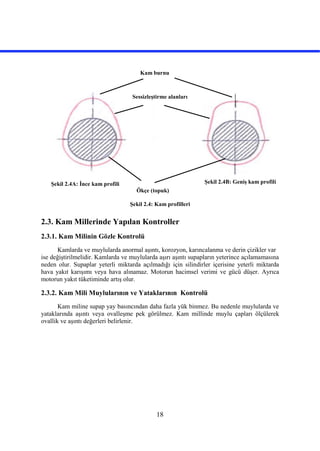 18
Şekil 2.4: Kam profilleri
2.3. Kam Millerinde Yapılan Kontroller
2.3.1. Kam Milinin Gözle Kontrolü
Kamlarda ve muylularda anormal aşıntı, korozyon, karıncalanma ve derin çizikler var
ise değiştirilmelidir. Kamlarda ve muylularda aşırı aşıntı supapların yeterince açılamamasına
neden olur. Supaplar yeterli miktarda açılmadığı için silindirler içerisine yeterli miktarda
hava yakıt karışımı veya hava alınamaz. Motorun hacimsel verimi ve gücü düşer. Ayrıca
motorun yakıt tüketiminde artış olur.
2.3.2. Kam Mili Muylularının ve Yataklarının Kontrolü
Kam miline supap yay basıncından daha fazla yük binmez. Bu nedenle muylularda ve
yataklarında aşıntı veya ovalleşme pek görülmez. Kam millinde muylu çapları ölçülerek
ovallik ve aşıntı değerleri belirlenir.
Kam burnu
Ökçe (topuk)
Şekil 2.4A: İnce kam profili Şekil 2.4B: Geniş kam profili
Sessizleştirme alanları
 
