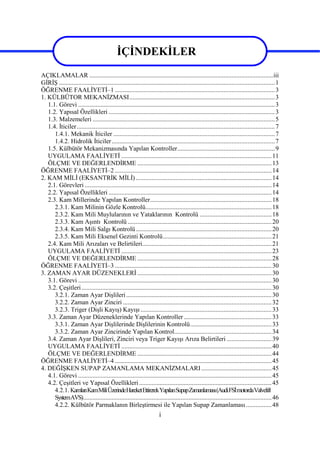 i
AÇIKLAMALAR ...................................................................................................................iii
GİRİŞ .......................................................................................................................................1
ÖĞRENME FAALİYETİ–1 ....................................................................................................3
1. KÜLBÜTOR MEKANİZMASI...........................................................................................3
1.1. Görevi ...........................................................................................................................3
1.2. Yapısal Özellikleri ........................................................................................................3
1.3. Malzemeleri ..................................................................................................................5
1.4. İticiler............................................................................................................................7
1.4.1. Mekanik İticiler .....................................................................................................7
1.4.2. Hidrolik İticiler......................................................................................................7
1.5. Külbütör Mekanizmasında Yapılan Kontroller.............................................................9
UYGULAMA FAALİYETİ ..............................................................................................11
ÖLÇME VE DEĞERLENDİRME ....................................................................................13
ÖĞRENME FAALİYETİ–2 ..................................................................................................14
2. KAM MİLİ (EKSANTRİK MİLİ) .....................................................................................14
2.1. Görevleri .....................................................................................................................14
2.2. Yapısal Özellikleri ......................................................................................................14
2.3. Kam Millerinde Yapılan Kontroller............................................................................18
2.3.1. Kam Milinin Gözle Kontrolü...............................................................................18
2.3.2. Kam Mili Muylularının ve Yataklarının Kontrolü .............................................18
2.3.3. Kam Aşıntı Kontrolü ..........................................................................................20
2.3.4. Kam Mili Salgı Kontrolü.....................................................................................20
2.3.5. Kam Mili Eksenel Gezinti Kontrolü....................................................................21
2.4. Kam Mili Arızaları ve Belirtileri.................................................................................21
UYGULAMA FAALİYETİ ..............................................................................................23
ÖLÇME VE DEĞERLENDİRME ....................................................................................28
ÖĞRENME FAALİYETİ–3 ..................................................................................................30
3. ZAMAN AYAR DÜZENEKLERİ ....................................................................................30
3.1. Görevi .........................................................................................................................30
3.2. Çeşitleri.......................................................................................................................30
3.2.1. Zaman Ayar Dişlileri...........................................................................................30
3.2.2. Zaman Ayar Zinciri .............................................................................................32
3.2.3. Triger (Dişli Kayış) Kayışı ..................................................................................33
3.3. Zaman Ayar Düzeneklerinde Yapılan Kontroller.......................................................33
3.3.1. Zaman Ayar Dişlilerinde Dişlilerinin Kontrolü...................................................33
3.3.2. Zaman Ayar Zincirinde Yapılan Kontrol.............................................................34
3.4. Zaman Ayar Dişlileri, Zinciri veya Triger Kayışı Arıza Belirtileri ............................39
UYGULAMA FAALİYETİ ..............................................................................................40
ÖLÇME VE DEĞERLENDİRME ....................................................................................44
ÖĞRENME FAALİYETİ–4 ..................................................................................................45
4. DEĞİŞKEN SUPAP ZAMANLAMA MEKANİZMALARI............................................45
4.1. Görevi .........................................................................................................................45
4.2. Çeşitleri ve Yapısal Özellikleri...................................................................................45
4.2.1. KamlarıKamMiliÜzerindeHareketEttirerekYapılanSupapZamanlaması(AudiFSİmotordaValvelift
SystemAVS)......................................................................................................................46
4.2.2. Külbütör Parmaklanın Birleştirmesi ile Yapılan Supap Zamanlaması................48
İÇİNDEKİLER
 