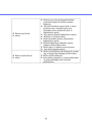 42
 Motoru araç üzerine
 takınız.
 Motorun araç tamir katalogunda belirtilen
yerlerinden dengeli bir şekilde caraskala
bağlayınız.
 Güvenlik kurallarına uygun olarak ve aracın
gövdesine zarar vermeden motoru araç
üzerindeki yerine yerleştirerek takoz ve
bağlantılarını yapınız.
 Güç aktarma organları bağlantılarını yapınız.
 Radyatör ve ön paneli takınız.
 Motor üzerindeki yardımcı donanımların
bağlantılarını yapınız.
 Elektrik bağlantılarını dikkatlice yapınız.
Aldığınız notlara dikkat ediniz.
 Motor yağını ve soğutma suyunu koyunuz.
 Araç motor kaputunu takınız.
 Motoru çalıştırarak test
 ediniz.
 Motoru çalıştırdıktan sonra herhangi bir yerinde
yağ, su kaçağı olup olmadığını kontrol ediniz.
 Motor seslerini dinleyiniz.
 Kam milinin çalışmasını ve zaman dişlilerinden
ses gelip gelmediğini motor üzerinde
gözlemleyiniz.
 