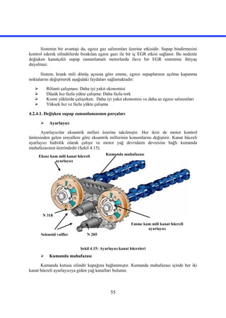 55
Sistemin bir avantajı da, egzoz gaz salınımları üzerine etkisidir. Supap bindirmesini
kontrol ederek silindirlerde bırakılan egzoz gazı ile bir iç EGR etkisi sağlanır. Bu nedenle
değişken kanatçıklı supap zamanlamalı motorlarda ilave bir EGR sistemine ihtiyaç
duyulmaz.
Sistem, krank mili dönüş açısına göre emme, egzoz supaplarının açılma kapanma
noktalarını değiştirerek aşağıdaki faydaları sağlamaktadır:
 Rölanti çalışması: Daha iyi yakıt ekonomisi
 Düşük hız fazla yükte çalışma: Daha fazla tork
 Kısmi yüklerde çalışırken: Daha iyi yakıt ekonomisi ve daha az egzoz salınımları
 Yüksek hız ve fazla yükte çalışma
4.2.4.1. Değişken supap zamanlamasının parçaları
 Ayarlayıcı
Ayarlayıcılar eksantrik milleri üzerine takılmıştır. Her ikisi de motor kontrol
ünitesinden gelen sinyallere göre eksantrik millerinin konumlarını değiştirir. Kanat hücreli
ayarlayıcı hidrolik olarak çalışır ve motor yağ devridaim devresine bağlı kumanda
muhafazasının üzerindedir (Şekil 4.15).
Şekil 4.15: Ayarlayıcı kanat hücreleri
 Kumanda muhafazası
Kumanda kutusu silindir kapağına bağlanmıştır. Kumanda muhafazası içinde her iki
kanat hücreli ayarlayıcıya giden yağ kanalları bulunur.
Emme kam mili kanat hücreli
ayarlayıcı
Eksoz kam mili kanat hücreli
ayarlayıcı
Selenoid valfler
N 318
N 205
Kumanda muhafazası
 
