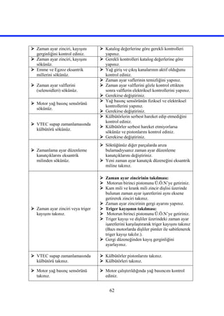 62
 Zaman ayar zinciri, kayışını
gerginliğini kontrol ediniz.
 Katalog değerlerine göre gerekli kontrolleri
yapınız.
 Zaman ayar zinciri, kayışını
sökünüz.
 Gerekli kontrolleri katalog değerlerine göre
yapınız.
 Emme ve Egzoz eksantrik
millerini sökünüz.
 Yağ giriş ve çıkış kanalarının aktif olduğunu
kontrol ediniz.
 Zaman ayar valflerini
(selenoidleri) sökünüz.
 Zaman ayar vaflerinin temizliğini yapınız.
 Zaman ayar valflerini gözle kontrol ettikten
sonra valflerin elektriksel kontrollerini yapınız.
 Gerekirse değiştiriniz.
 Motor yağ basınç sensörünü
sökünüz.
 Yağ basınç sensörünün fiziksel ve elektriksel
kontrollerini yapınız.
 Gerekirse değiştiriniz.
 VTEC supap zamanlamasında
külbütörü sökünüz.
 Külbütörlerin serbest hareket edip etmediğini
kontrol ediniz.
 Külbütörler serbest hareket etmiyorlarsa
sökünüz ve pistonlarını kontrol ediniz.
 Gerekirse değiştiriniz.
 Zamanlama ayar düzenleme
kanatçıklarını eksantrik
milinden sökünüz.
 Söktüğünüz diğer parçalarda arıza
bulamadıysanız zaman ayar düzenleme
kanatçıklarını değiştiriniz.
 Yeni zaman ayar kanatçık düzeneğini eksantrik
miline takınız.
 Zaman ayar zinciri veya triger
kayışını takınız.
 Zaman ayar zincirinin takılması:
 Motorun birinci pistonunu Ü.Ö.N’ye getiriniz.
 Kam mili ve krank mili zincir dişlisi üzerinde
bulunan zaman ayar işaretlerini aynı eksene
getirerek zinciri takınız.
 Zaman ayar zincirinin gergi ayarını yapınız.
 Triger kayışının takılması:
 Motorun birinci pistonunu Ü.Ö.N’ye getiriniz.
 Triger kayışı ve dişliler üzerindeki zaman ayar
işaretlerini karşılaştırarak triger kayışını takınız
(Bazı motorlarda dişliler pimler ile sabitlenerek
triger kayışı takılır.).
 Gergi düzeneğinden kayış gerginliğini
ayarlayınız.
 VTEC supap zamanlamasında
külbütörü takınız.
 Külbütörler pistonlarını takınız.
 Külbütörleri takınız.
 Motor yağ basınç sensörünü
takınız.
 Motor çalıştırıldığında yağ basıncını kontrol
ediniz.
 