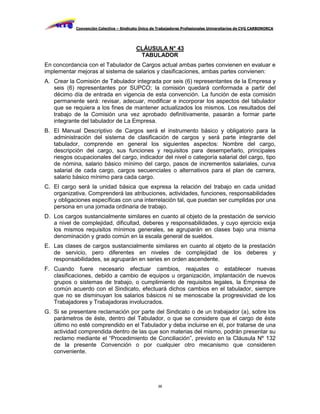 Convención Colectiva – Sindicato Único de Trabajadores Profesionales Universitarios de CVG CARBONORCA




                                          CLÁUSULA N° 43
                                           TABULADOR
En concordancia con el Tabulador de Cargos actual ambas partes convienen en evaluar e
implementar mejoras al sistema de salarios y clasificaciones, ambas partes convienen:
A. Crear la Comisión de Tabulador integrada por seis (6) representantes de la Empresa y
   seis (6) representantes por SUPCO; la comisión quedará conformada a partir del
   décimo día de entrada en vigencia de esta convención. La función de esta comisión
   permanente será: revisar, adecuar, modificar e incorporar los aspectos del tabulador
   que se requiera a los fines de mantener actualizados los mismos. Los resultados del
   trabajo de la Comisión una vez aprobado definitivamente, pasarán a formar parte
   integrante del tabulador de La Empresa.
B. El Manual Descriptivo de Cargos será el instrumento básico y obligatorio para la
   administración del sistema de clasificación de cargos y será parte integrante del
   tabulador, comprende en general los siguientes aspectos: Nombre del cargo,
   descripción del cargo, sus funciones y requisitos para desempeñarlo, principales
   riesgos ocupacionales del cargo, indicador del nivel o categoría salarial del cargo, tipo
   de nómina, salario básico mínimo del cargo, pasos de incrementos salariales, curva
   salarial de cada cargo, cargos secuenciales o alternativos para el plan de carrera,
   salario básico mínimo para cada cargo.
C. El cargo será la unidad básica que expresa la relación del trabajo en cada unidad
   organizativa. Comprenderá las atribuciones, actividades, funciones, responsabilidades
   y obligaciones específicas con una interrelación tal, que puedan ser cumplidas por una
   persona en una jornada ordinaria de trabajo.
D. Los cargos sustancialmente similares en cuanto al objeto de la prestación de servicio
   a nivel de complejidad, dificultad, deberes y responsabilidades, y cuyo ejercicio exija
   los mismos requisitos mínimos generales, se agruparán en clases bajo una misma
   denominación y grado común en la escala general de sueldos.
E. Las clases de cargos sustancialmente similares en cuanto al objeto de la prestación
   de servicio, pero diferentes en niveles de complejidad de los deberes y
   responsabilidades, se agruparán en series en orden ascendente.
F. Cuando fuere necesario efectuar cambios, reajustes o establecer nuevas
   clasificaciones, debido a cambio de equipos u organización, implantación de nuevos
   grupos o sistemas de trabajo, o cumplimiento de requisitos legales, la Empresa de
   común acuerdo con el Sindicato, efectuará dichos cambios en el tabulador, siempre
   que no se disminuyan los salarios básicos ni se menoscabe la progresividad de los
   Trabajadores y Trabajadoras involucrados.
G. Si se presentare reclamación por parte del Sindicato o de un trabajador (a), sobre los
   parámetros de éste, dentro del Tabulador, o que se considere que el cargo de éste
   último no esté comprendido en el Tabulador y deba incluirse en él, por tratarse de una
   actividad comprendida dentro de las que son materias del mismo, podrán presentar su
   reclamo mediante el “Procedimiento de Conciliación”, previsto en la Cláusula Nº 132
   de la presente Convención o por cualquier otro mecanismo que consideren
   conveniente.




                                                     36
 