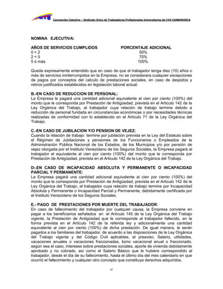 Convención Colectiva – Sindicato Único de Trabajadores Profesionales Universitarios de CVG CARBONORCA




NOMINA EJECUTIVA:

AÑOS DE SERVICIOS CUMPLIDOS                                  PORCENTAJE ADICIONAL
0<2                                                                 50%
2<5                                                                 75%
5 ó más                                                            100%

Queda expresamente entendido que en caso de que el trabajador tenga diez (10) años o
más de servicios ininterrumpidos en la Empresa, no se considerara cualquier excepciones
de pagos por conceptos del calculo de prestaciones sociales, en caso de despidos y
retiros justificados establecidos en legislación laboral actual.

B.-EN CASO DE REDUCCION DE PERSONAL:
La Empresa le pagará una cantidad adicional equivalente al cien por ciento (100%) del
monto que le corresponda por Prestación de Antigüedad, prevista en el Articulo 142 de la
Ley Orgánica del Trabajo, al trabajador cuya relación de trabajo termine debido a
reducción de personal fundada en circunstancias económicas o por necesidades técnicas
realizadas de conformidad con lo establecido en el Articulo 71 de la Ley Orgánica del
Trabajo.

C.-EN CASO DE JUBILACION Y/O PENSION DE VEJEZ:
Cuando la relación de trabajo termine por jubilación prevista en la Ley del Estatuto sobre
el Régimen de Jubilaciones y pensiones de los Funcionarios o Empleados de la
Administración Pública Nacional de los Estados, de los Municipios y/o por pensión de
vejez otorgada por el Instituto Venezolano de los Seguros Sociales, la Empresa pagará al
trabajador el equivalente al cien por ciento (100%) del monto que le corresponda por
Prestación de Antigüedad, prevista en el Articulo 142 de la Ley Orgánica del Trabajo.

D-.EN CASO DE INCAPACIDAD ABSOLUTA Y PERMANENTE O INCAPACIDAD
PARCIAL Y PERMANENTE:
La Empresa pagará una cantidad adicional equivalente al cien por ciento (100%) del
monto que le corresponda por Prestación de Antigüedad, prevista en el Articulo 142 de la
Ley Orgánica del Trabajo, al trabajador cuya relación de trabajo termine por Incapacidad
Absoluta y Permanente o Incapacidad Parcial y Permanente, debidamente certificada por
el Instituto Venezolano de los Seguros Sociales.

E.- PAGO DE PRESTACIONES POR MUERTE DEL TRABAJADOR:
En caso de fallecimiento del trabajador por cualquier causa, la Empresa conviene en
pagar a los beneficiarios señalados en el Artículo 145 de la Ley Orgánica del Trabajo
vigente, la Prestación de Antigüedad que le corresponde al trabajador fallecido, en la
forma prevista en el Artículo 142 de la referida ley y adicionalmente una cantidad
equivalente al cien por ciento (100%) de dicha prestación. De igual manera, le serán
pagados a los familiares del trabajador, de acuerdo a las disposiciones de la Ley Orgánica
del Trabajo vigente y del Código Civil aplicables, el preaviso, Salario, utilidades,
vacaciones anuales o vacaciones fraccionadas, bono vacacional anual o fraccionado,
según sea el caso, intereses sobre prestaciones sociales, aporte de vivienda debidamente
aprobado y no cobrado, así como el Salario Básico que le hubiere correspondido al
trabajador, desde el día de su fallecimiento, hasta el último día del mes calendario en que
ocurrió el fallecimiento y cualquier otro concepto que constituya derechos adquiridos.

                                                     47
 