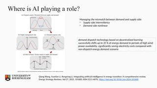 Where is AI playing a role?
Qiang Wang, Yuanfan Li, Rongrong Li, Integrating artificial intelligence in energy transition: A comprehensive review,
Energy Strategy Reviews, Vol 57, 2025, 101600, ISSN 2211-467X, https://doi.org/10.1016/j.esr.2024.101600
Managing the mismatch between demand and supply side:
- Supply side intermittency
- Demand side nonlinear
demand dispatch technology based on decentralized learning
successfully shifts up to 35 % of energy demand to periods of high wind
power availability, significantly saving electricity costs compared with
non-dispatch energy demand scenario
 