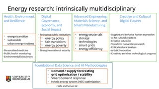 Energy research: intrinsically multidisciplinary
Health, Environment,
and Resilience
- Us and our environment
- Improving healthcare for all
- Environmental sustainability
- Ecological management
- Personalised medicine
- Public health monitoring
- Environmental biosciences
Creative and Cultural
Digital Futures
- Support and enhance human expression
- AI for cultural practices
- Creative industries
- Transform humanities research
- Critical cultural analysis
- Artistic innovation
- Creativity enriches technological progress
Digital
Governance,
Economy, and
Social Impact
- Reshaping public institutions
- Reshaping market systems
- AI impact on society
- Modernise state services
- Enhance financial systems
- Strengthen national security
Foundational Data Science and AI Methodologies
- Advancing core AI techniques
- Data-centric AI
- Data Engineering for AI
- Develop robust, transparent
- AI Ethics
- Safe and Secure AI
- AI for engineering
- Materials research
- Optimising manufacturing
- Innovative design solutions
- Next generation materials
‑
Advanced Engineering,
Materials Science, and
Smart Manufacturing
- energy transition
- sustainable
urban energy systems
- energy materials
- storage
technologies
- smart grids
- energy efficiency
- energy policy
- fair transitions
- energy poverty
- Demand / supply forecasting
- grid optimisation / stability
- Smart demand response
- Hybrid energy system (HES) optimization
 