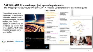 34
INTERNAL – SAP and Customers Only
SAP S/4HANA Conversion project - planning elements
The “Mapping Your Journey to SAP S/4HANA - A Practical Guide for senior IT Leadership” guide
This guide is a practical,
condensed, down-to-earth
handbook for executives,
project managers, decision-
makers, and senior IT
leaders. It summarizes our
combined experience from
over 5,000 SAP S/4HANA
migration projects we’ve
seen so far.
Download it from this link.
 
