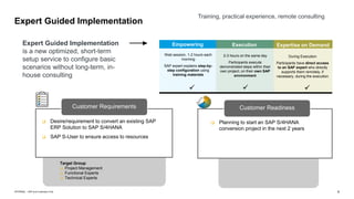 4
INTERNAL – SAP and Customers Only
Expert Guided Implementation
Expert Guided Implementation
is a new optimized, short-term
setup service to configure basic
scenarios without long-term, in-
house consulting
Customer Readiness
❑ Desire/requirement to convert an existing SAP
ERP Solution to SAP S/4HANA
❑ SAP S-User to ensure access to resources
❑ Planning to start an SAP S/4HANA
conversion project in the next 2 years
Target Group:
❑ Project Management
❑ Functional Experts
❑ Technical Experts
Customer Requirements
Execution
Execution
Empowering Execution Expertise on
Demand
Demand
Web session, 1-2 hours each
morning
SAP expert explains step-by-
step configuration using
training materials
2-3 hours on the same day
Participants execute
demonstrated steps within their
own project, on their own SAP
environment
✓ ✓ ✓
During Execution
Participants have direct access
to an SAP expert who directly
supports them remotely, if
necessary, during the execution
Execution Expertise on Demand
Empowering
Training, practical experience, remote consulting
 