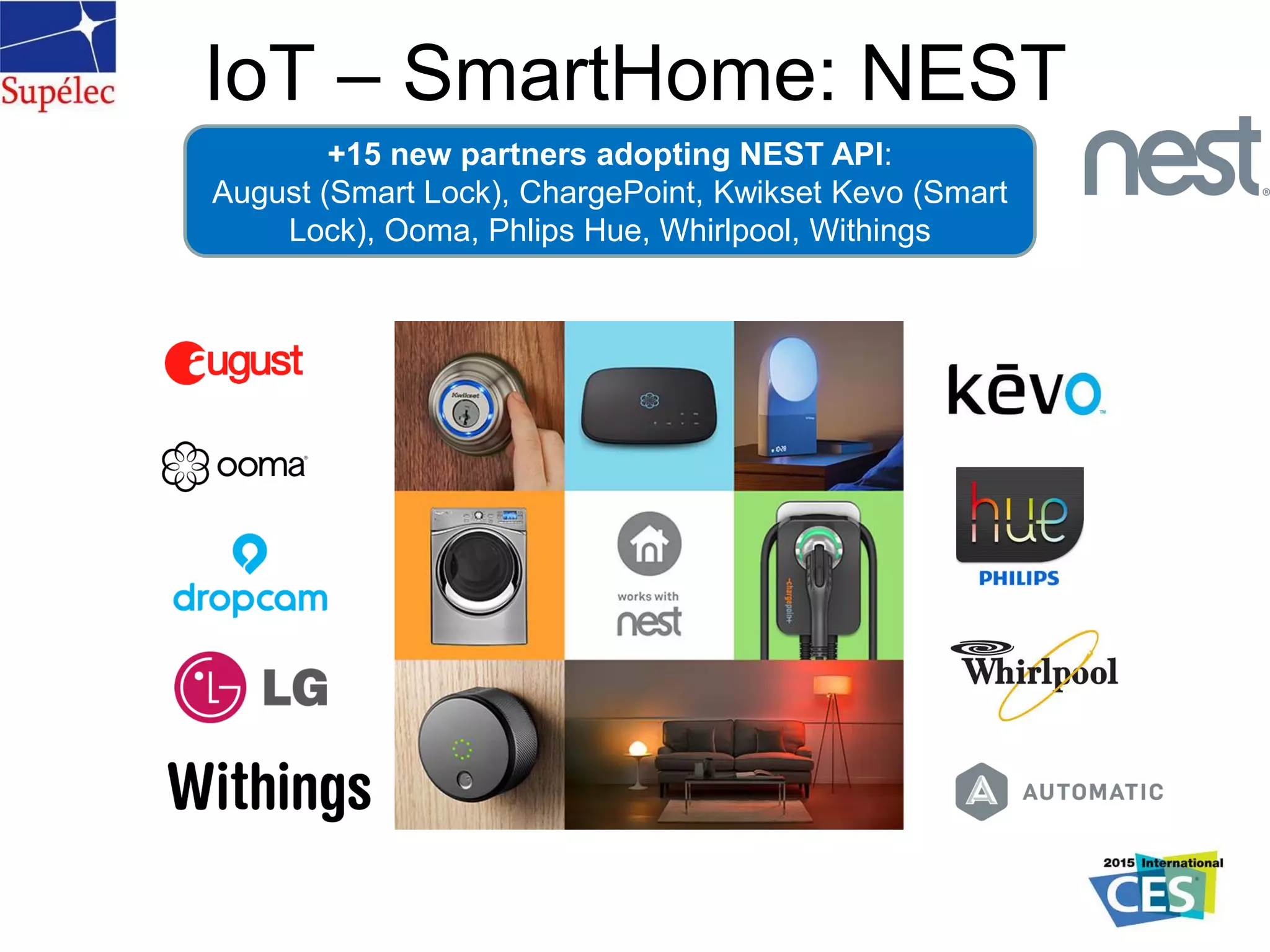 IoT – SmartHome: NEST
(Google)+15 new partners adopting NEST API:
August (Smart Lock), ChargePoint, Kwikset Kevo (Smart
Lock), Ooma, Phlips Hue, Whirlpool, Withings
 