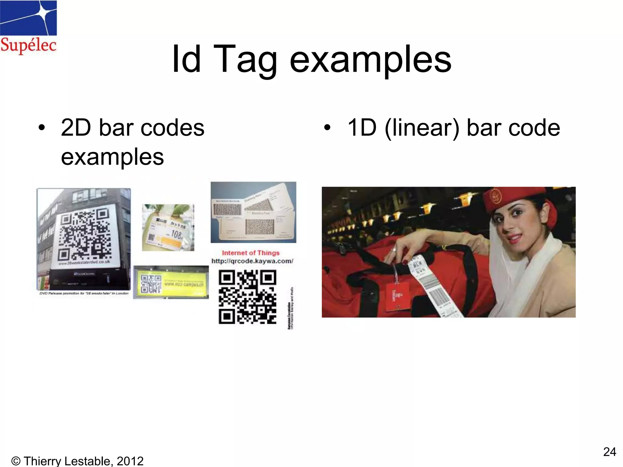 © Thierry Lestable, 2012
24
Id Tag examples
• 2D bar codes
examples
• 1D (linear) bar code
 