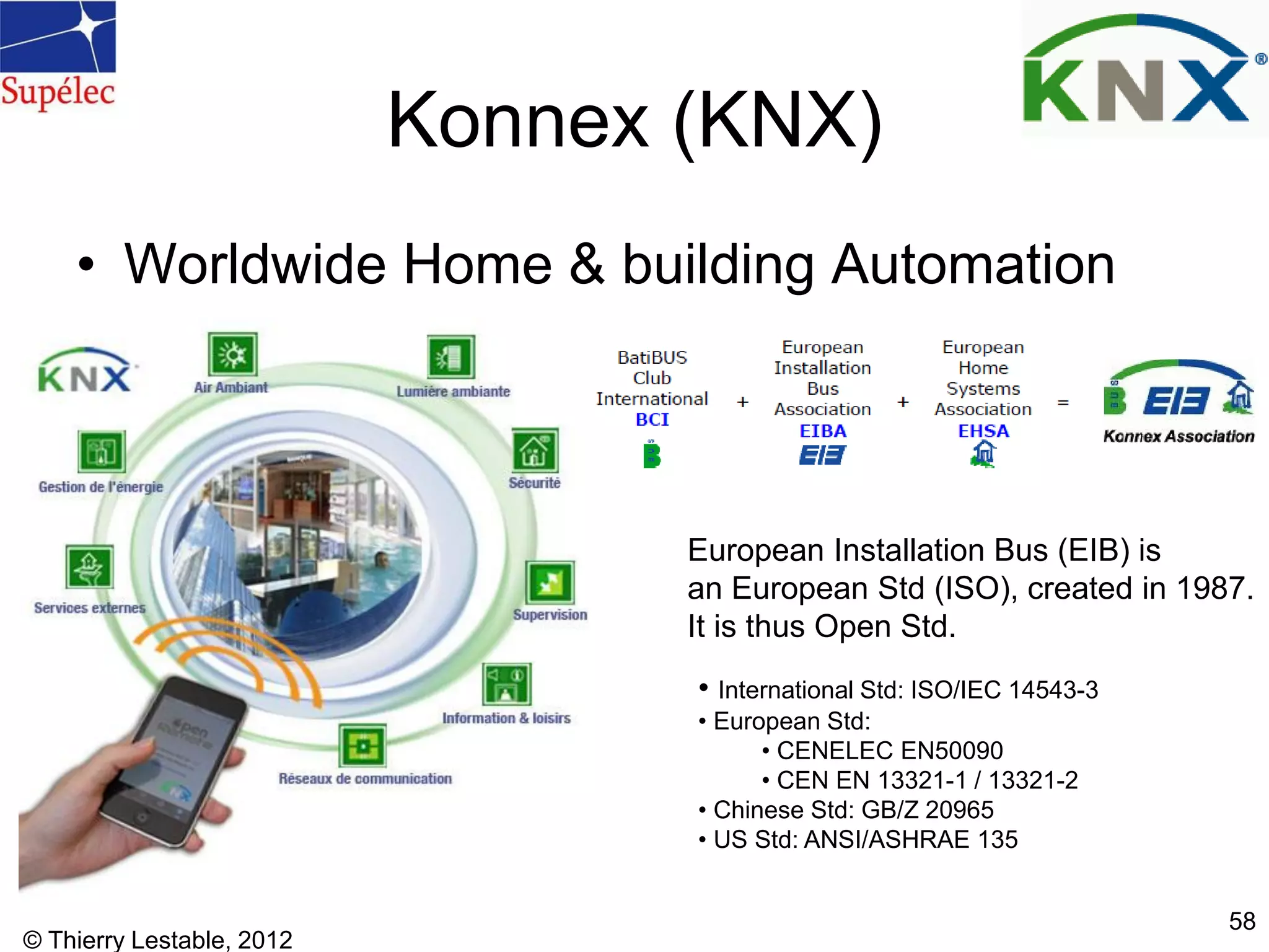 © Thierry Lestable, 2012
58
Konnex (KNX)
• Worldwide Home & building Automation
European Installation Bus (EIB) is
an European Std (ISO), created in 1987.
It is thus Open Std.
• International Std: ISO/IEC 14543-3
• European Std:
• CENELEC EN50090
• CEN EN 13321-1 / 13321-2
• Chinese Std: GB/Z 20965
• US Std: ANSI/ASHRAE 135
 