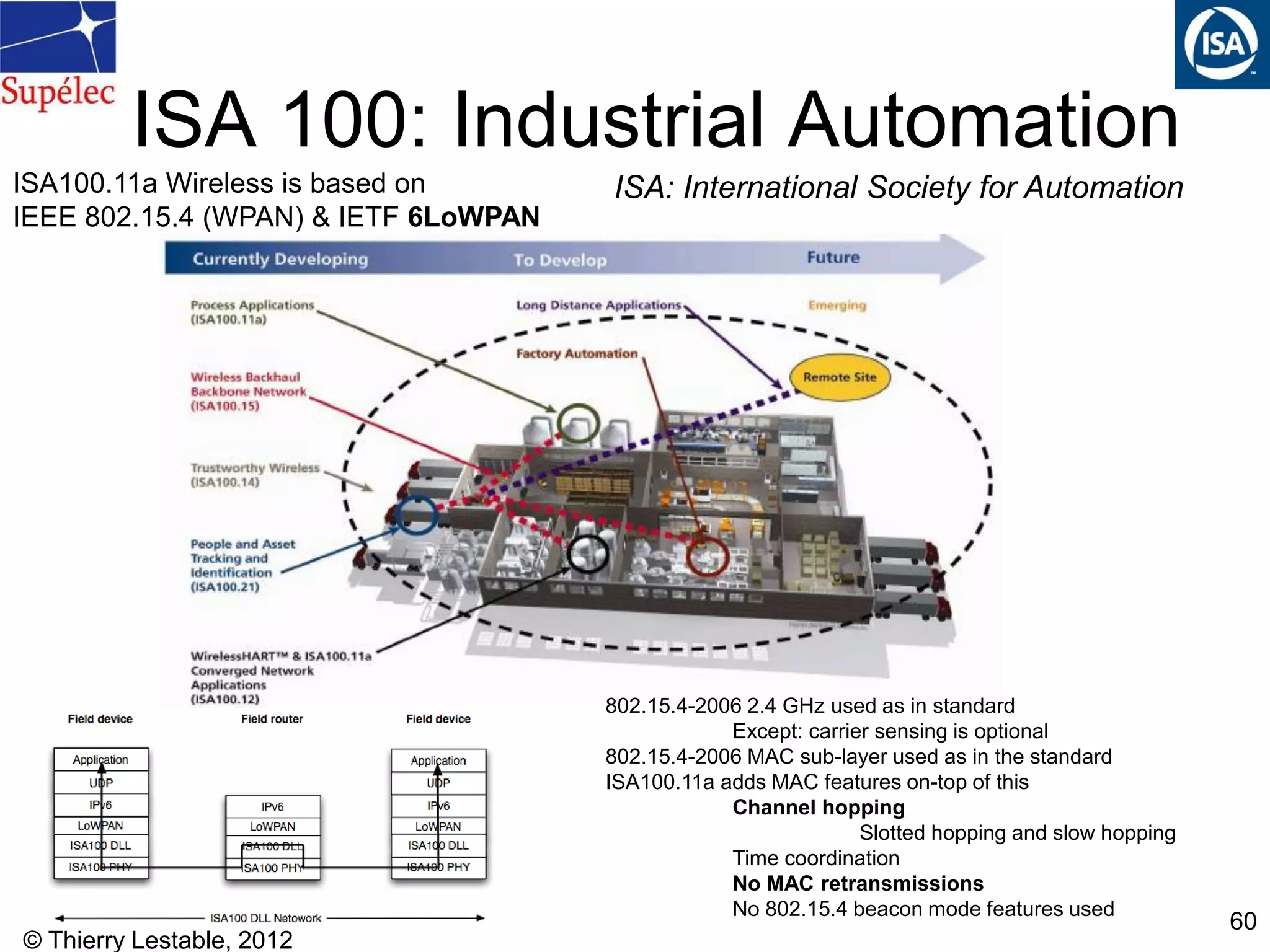 © Thierry Lestable, 2012
60
ISA 100: Industrial Automation
ISA: International Society for AutomationISA100.11a Wireless is based on
IEEE 802.15.4 (WPAN) & IETF 6LoWPAN
802.15.4-2006 2.4 GHz used as in standard
Except: carrier sensing is optional
802.15.4-2006 MAC sub-layer used as in the standard
ISA100.11a adds MAC features on-top of this
Channel hopping
Slotted hopping and slow hopping
Time coordination
No MAC retransmissions
No 802.15.4 beacon mode features used
 