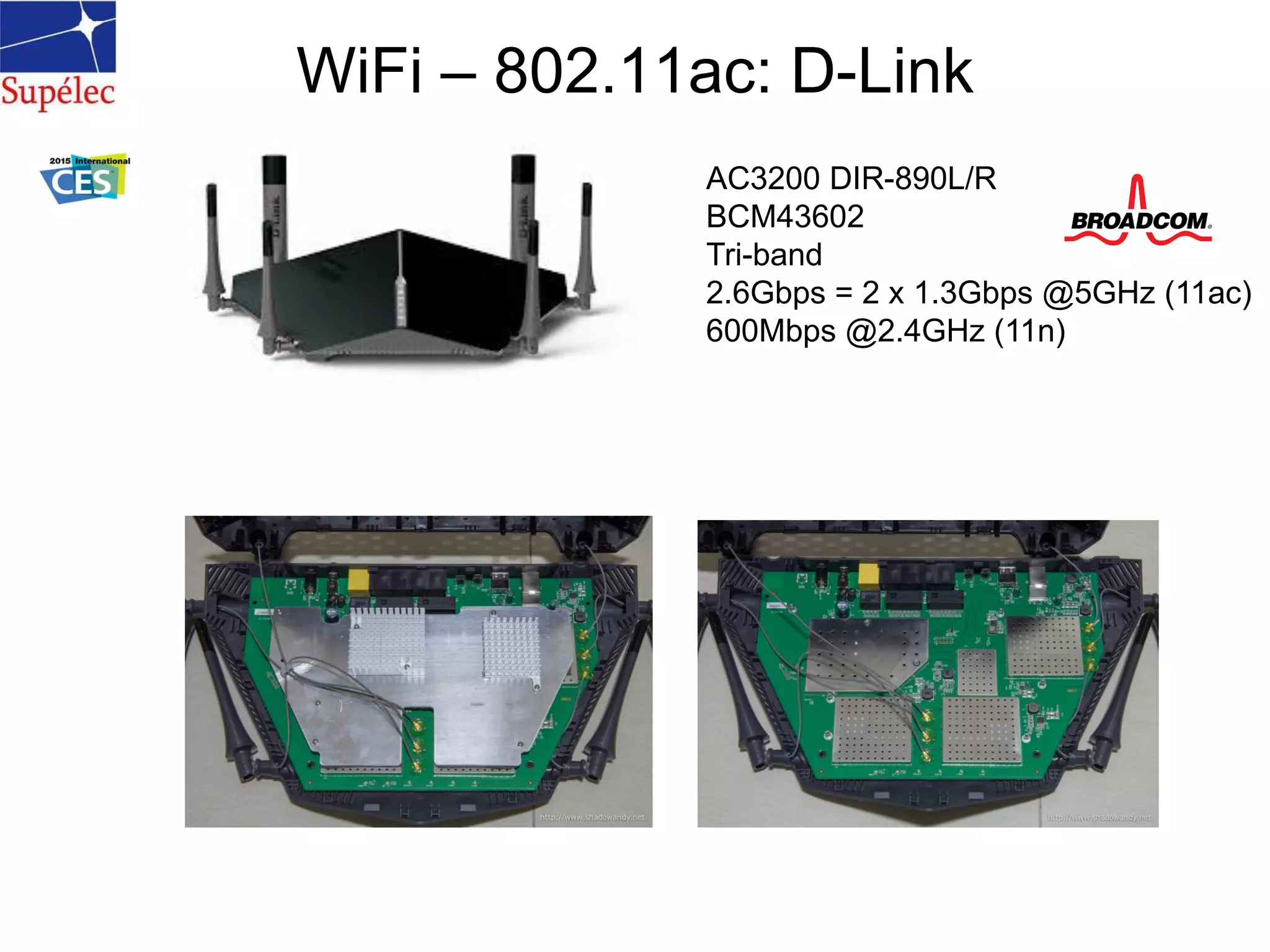 WiFi – 802.11ac: D-Link
AC3200 DIR-890L/R
BCM43602
Tri-band
2.6Gbps = 2 x 1.3Gbps @5GHz (11ac)
600Mbps @2.4GHz (11n)
 