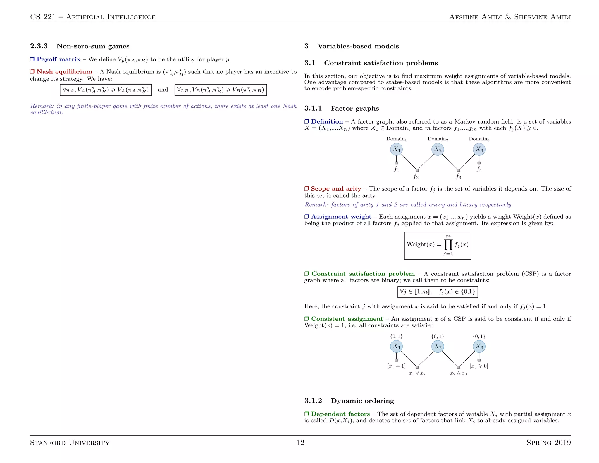CS 221 – Artificial Intelligence Afshine Amidi  Shervine Amidi
2.3.3 Non-zero-sum games
r Payoff matrix – We define Vp(πA,πB) to be the utility for player p.
r Nash equilibrium – A Nash equilibrium is (π∗
A,π∗
B) such that no player has an incentive to
change its strategy. We have:
∀πA, VA(π∗
A,π∗
B)  VA(πA,π∗
B) and ∀πB, VB(π∗
A,π∗
B)  VB(π∗
A,πB)
Remark: in any finite-player game with finite number of actions, there exists at least one Nash
equilibrium.
3 Variables-based models
3.1 Constraint satisfaction problems
In this section, our objective is to find maximum weight assignments of variable-based models.
One advantage compared to states-based models is that these algorithms are more convenient
to encode problem-specific constraints.
3.1.1 Factor graphs
r Definition – A factor graph, also referred to as a Markov random field, is a set of variables
X = (X1,...,Xn) where Xi ∈ Domaini and m factors f1,...,fm with each fj(X)  0.
r Scope and arity – The scope of a factor fj is the set of variables it depends on. The size of
this set is called the arity.
Remark: factors of arity 1 and 2 are called unary and binary respectively.
r Assignment weight – Each assignment x = (x1,...,xn) yields a weight Weight(x) defined as
being the product of all factors fj applied to that assignment. Its expression is given by:
Weight(x) =
m
Y
j=1
fj(x)
r Constraint satisfaction problem – A constraint satisfaction problem (CSP) is a factor
graph where all factors are binary; we call them to be constraints:
∀j ∈ [[1,m]], fj(x) ∈ {0,1}
Here, the constraint j with assignment x is said to be satisfied if and only if fj(x) = 1.
r Consistent assignment – An assignment x of a CSP is said to be consistent if and only if
Weight(x) = 1, i.e. all constraints are satisfied.
3.1.2 Dynamic ordering
r Dependent factors – The set of dependent factors of variable Xi with partial assignment x
is called D(x,Xi), and denotes the set of factors that link Xi to already assigned variables.
Stanford University 12 Spring 2019
 