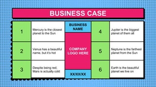 BUSINESS CASE
1
Mercury is the closest
planet to the Sun
BUSINESS
NAME
4
Jupiter is the biggest
planet of them all
COMPANY
LOGO HERE
2
Venus has a beautiful
name, but it’s hot 5
Neptune is the farthest
planet from the Sun
3
Despite being red,
Mars is actually cold 6
Earth is the beautiful
planet we live on
XX/XX/XX
 