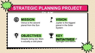 STRATEGIC PLANNING PROJECT
PLAN
MISSION
Venus is the second
planet from the Sun
VISION
Jupiter is the biggest
planet in the Solar
System
OBJECTIVES
Despite being red, Mars
is actually a cold place
KEY
INITIATIVES
Saturn is composed of
hydrogen and helium
 