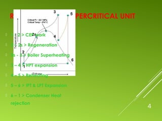 RANKINE CYCLE SUPERCRITICAL UNIT
 1 - 2 > CEP work
 2 – 2s > Regeneration
 2s - 3 > Boiler Superheating
 3 – 4 > HPT expansion
 4 – 5 > Reheating
 5 – 6 > IPT & LPT Expansion
 6 – 1 > Condenser Heat
rejection
4
 