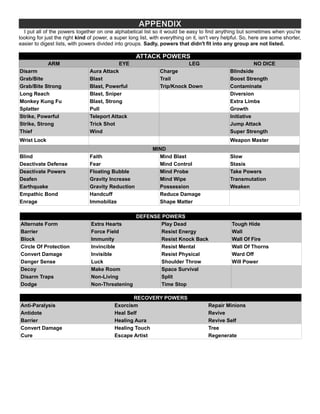 APPENDIX
I put all of the powers together on one alphabetical list so it would be easy to find anything but sometimes when you're
looking for just the right kind of power, a super long list, with everything on it, isn't very helpful. So, here are some shorter,
easier to digest lists, with powers divided into groups. Sadly, powers that didn't fit into any group are not listed.
ATTACK POWERS
ARM EYE LEG NO DICE
Disarm Aura Attack Charge Blindside
Grab/Bite Blast Trail Boost Strength
Grab/Bite Strong Blast, Powerful Trip/Knock Down Contaminate
Long Reach Blast, Sniper Diversion
Monkey Kung Fu Blast, Strong Extra Limbs
Splatter Pull Growth
Strike, Powerful Teleport Attack Initiative
Strike, Strong Trick Shot Jump Attack
Thief Wind Super Strength
Wrist Lock Weapon Master
MIND
Blind Faith Mind Blast Slow
Deactivate Defense Fear Mind Control Stasis
Deactivate Powers Floating Bubble Mind Probe Take Powers
Deafen Gravity Increase Mind Wipe Transmutation
Earthquake Gravity Reduction Possession Weaken
Empathic Bond Handcuff Reduce Damage
Enrage Immobilize Shape Matter
DEFENSE POWERS
Alternate Form Extra Hearts Play Dead Tough Hide
Barrier Force Field Resist Energy Wall
Block Immunity Resist Knock Back Wall Of Fire
Circle Of Protection Invincible Resist Mental Wall Of Thorns
Convert Damage Invisible Resist Physical Ward Off
Danger Sense Luck Shoulder Throw Will Power
Decoy Make Room Space Survival
Disarm Traps Non-Living Split
Dodge Non-Threatening Time Stop
RECOVERY POWERS
Anti-Paralysis Exorcism Repair Minions
Antidote Heal Self Revive
Barrier Healing Aura Revive Self
Convert Damage Healing Touch Tree
Cure Escape Artist Regenerate
 